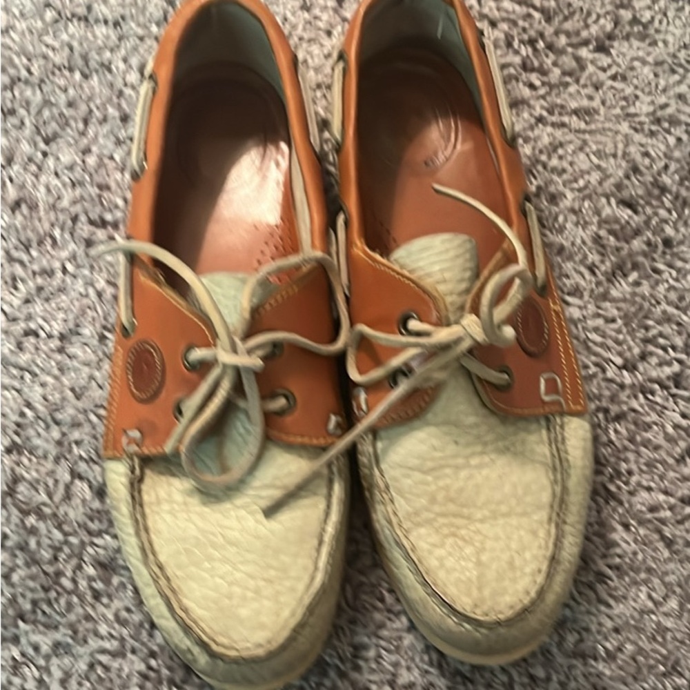 Woman Tan and Cream Boat Shoes